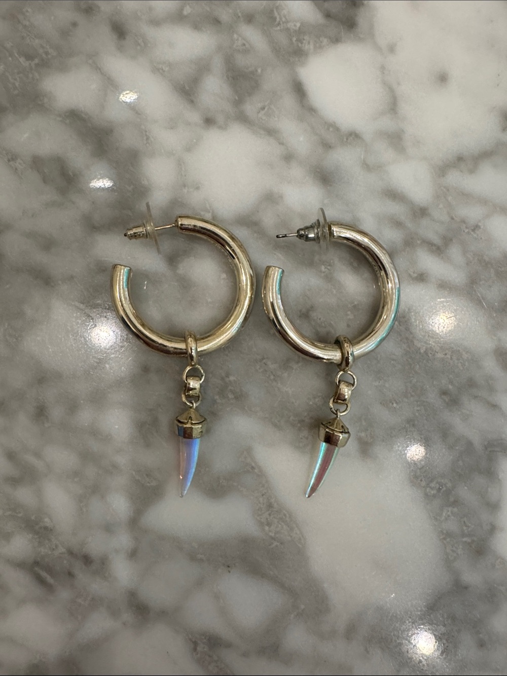 Kendra Scott Gold Hoop Earrings with Iridescent Blue-Green Spike Drops